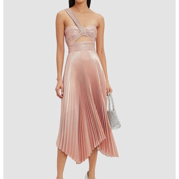 A.L.C. Rose Gold Aurora Pleated One Shoulder Midi Dress - Picture 2 of 13
